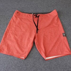 Volcom Mens Board Shorts Size 40 Coral Orange Striped Swim Trunks Surf Skate